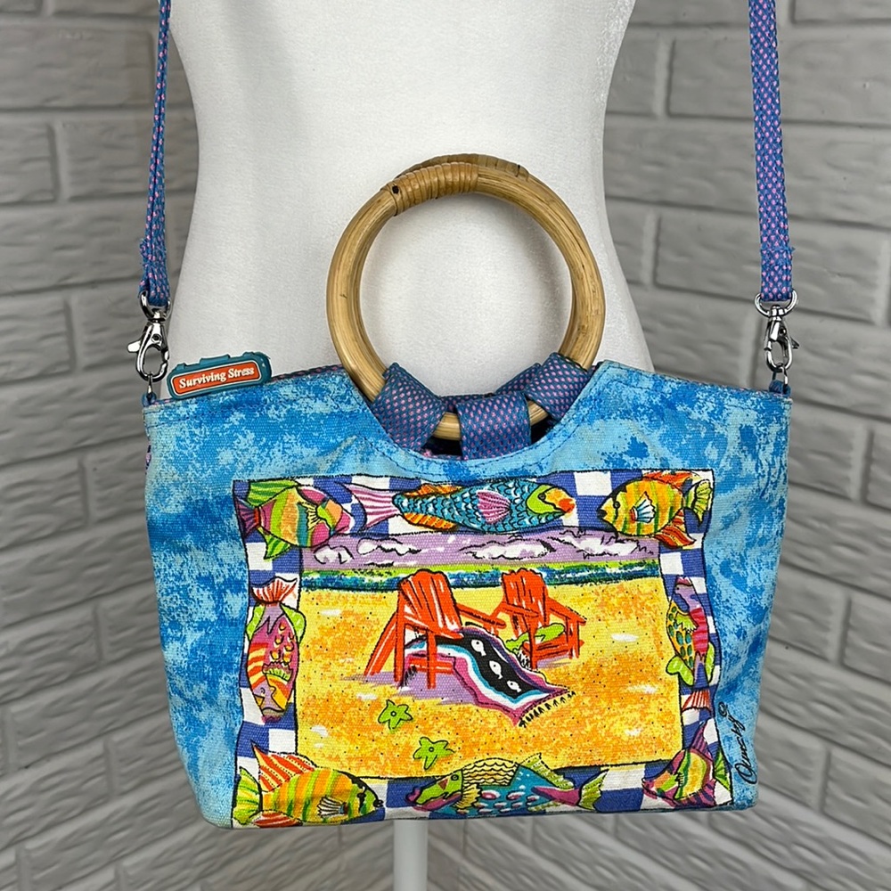 Colorful Beach Scene Handbag with Wooden Ring Handles - Multicolor - Picture 2 of 16